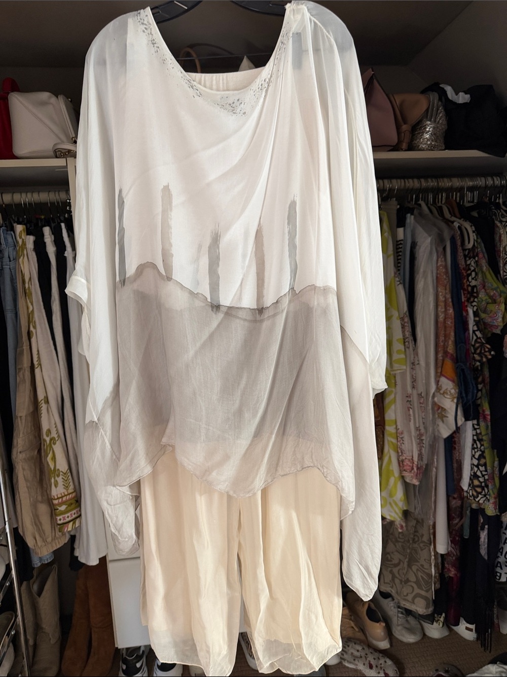 Sheer Soft White  and Taupe Layered Tunic Top and Pants